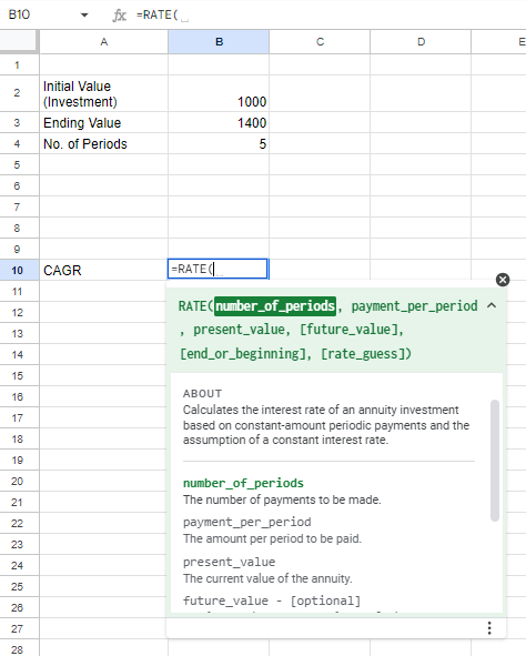 CAGR vs IRR: Comparing Investments for Decision-making 5 You can also use the RATE function in any spreadsheet (Google Sheets) or Excel for calculating CAGR