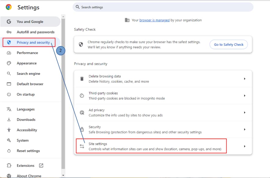Site settings option inside the Privacy and security tab