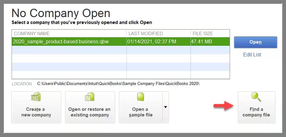 QuickBooks to reach the No Company Open window