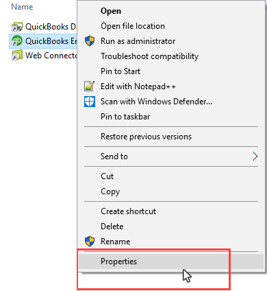 QuickBooks desktop icon and select Properties