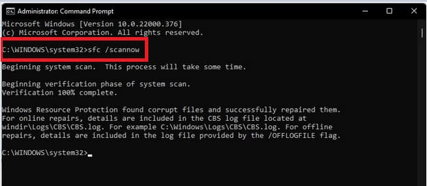 scannow in the command prompt window