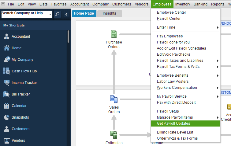 Navigate to the Employees menu and select Get Payroll Updates.