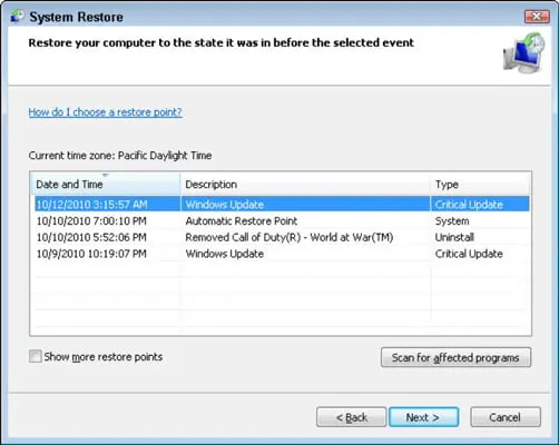 Select Restore my computer to an earlier time.