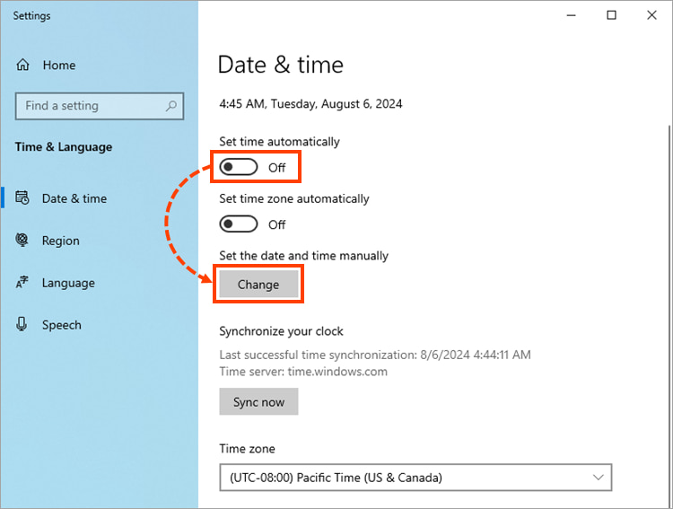 Set the date and time manually.