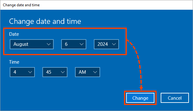 When the Change Date and Time window opens type the correct date and time and click Change to save your settings