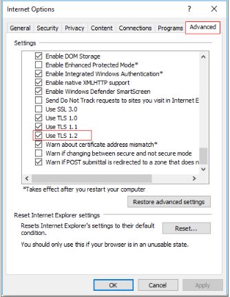 Confirm TLS 1.2 is enabled