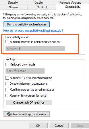 QuickBooks Compatibility mode dropdown selecting Windows version