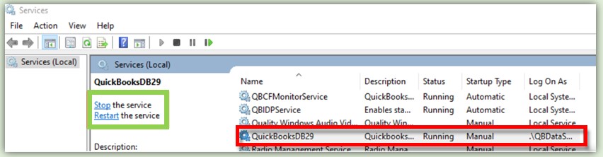 Screenshot: Services window — Highlight: the QuickBooksDB service and its Status/Startup Type columns.