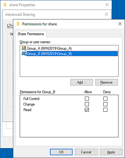 Screenshot: Share Permissions window — Highlight: the Full Control checkbox.
