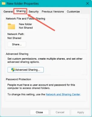 Windows folder properties showing the Sharing and Security tabs