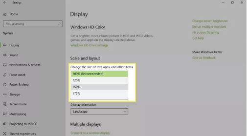 Windows 10 custom display scaling settings panel